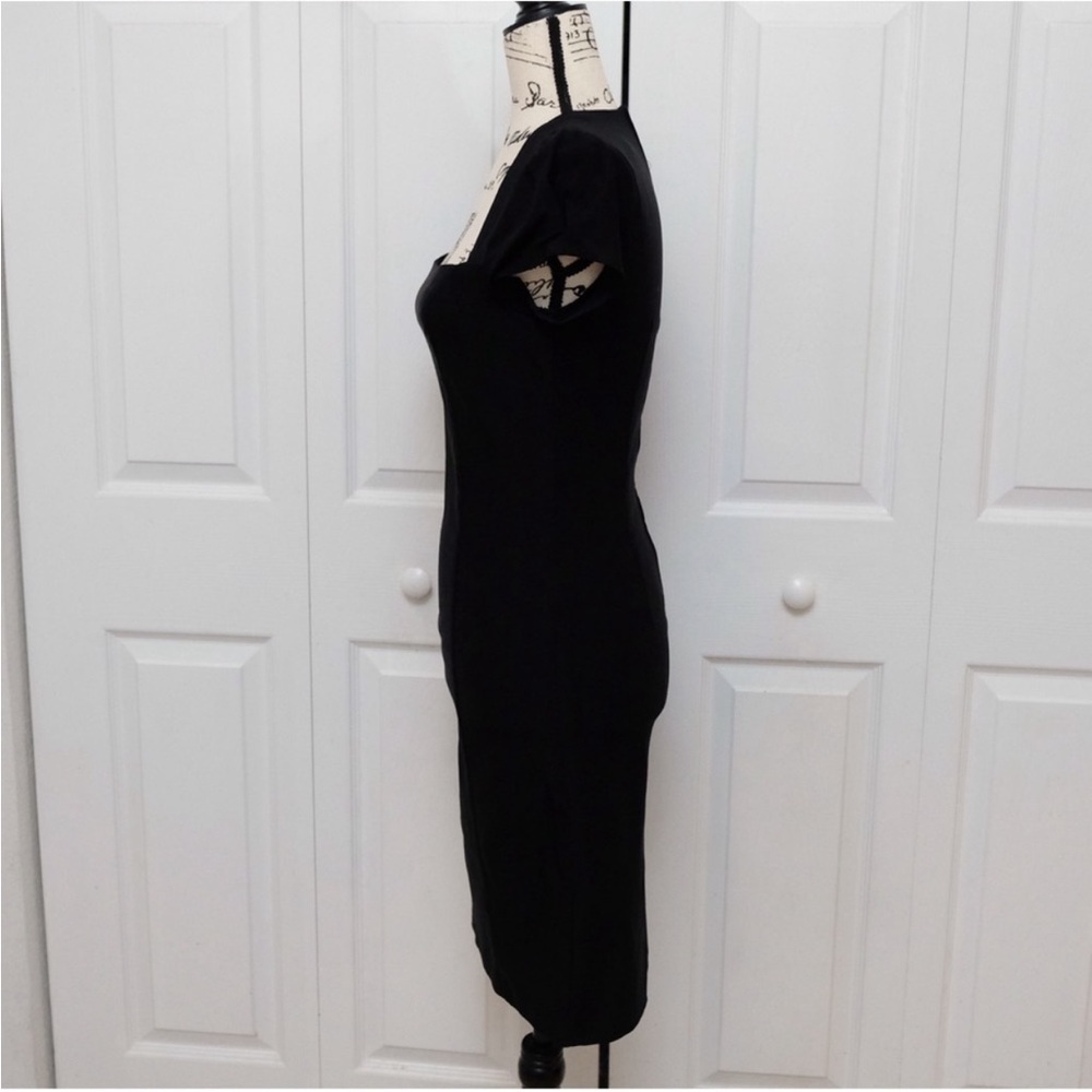 Lovely Day Black Square Neck Mini Dress Puff Sleeve 90s Minimal LBD Size L - Picture 4 of 9